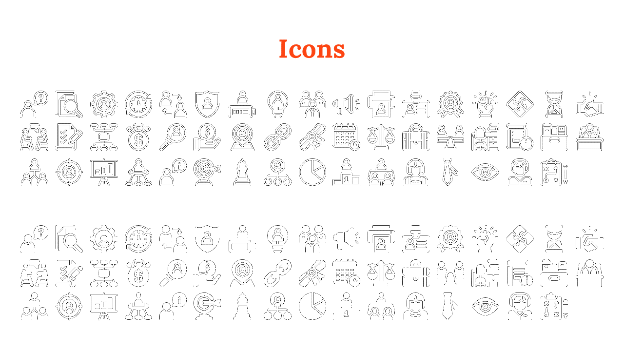 Outline and solid icons related to business, teamwork, and strategy, arranged below a bold orange icons title.