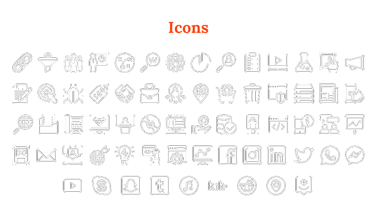 Assorted outlined icons for planning, teamwork, SEO, coding, and social media arranged in neat rows below an orange heading.