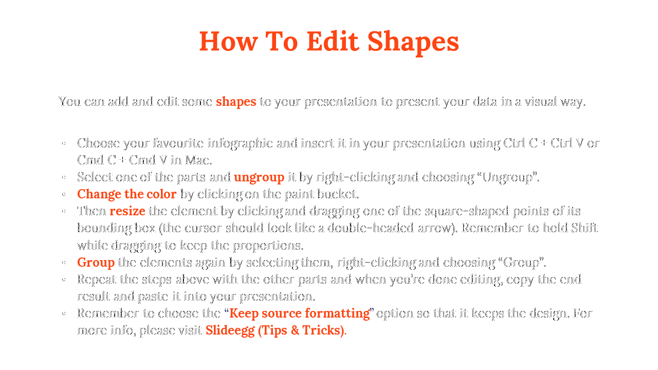 Tutorial slide with heading in orange and instructions for copying, ungrouping, editing, and grouping infographic elements.