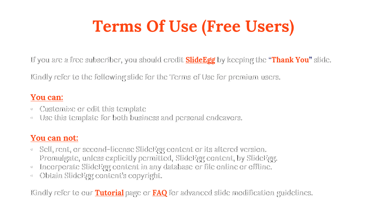 Informational slide showing SlideEgg terms for free users, featuring bullet lists and links in orange and blue.