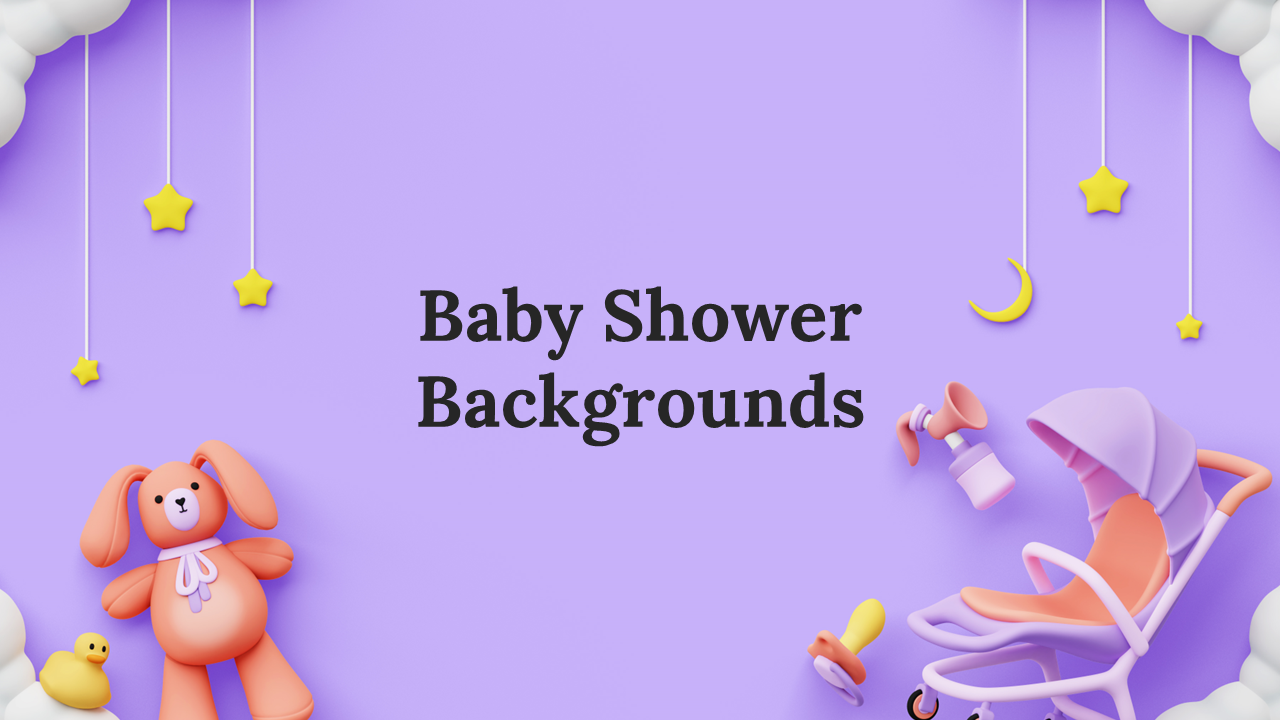 Purple baby shower background with clouds, stars, teddy bear, stroller, pacifier, bottle, and rubber duck.