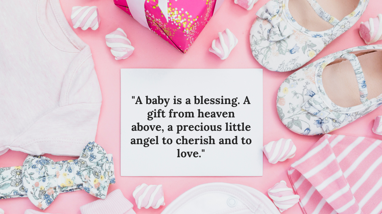 Flat lay of baby girl clothes, shoes, gift box, and marshmallows around a white card with a quote on a pink background.