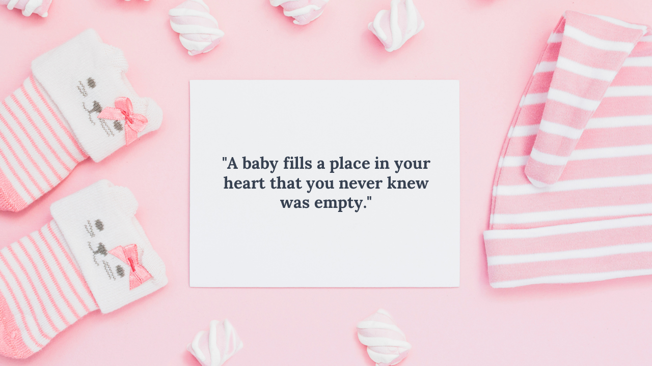 Baby girl flat lay with striped hat, cute socks, scattered marshmallows, and a quote card on soft pink backdrop.