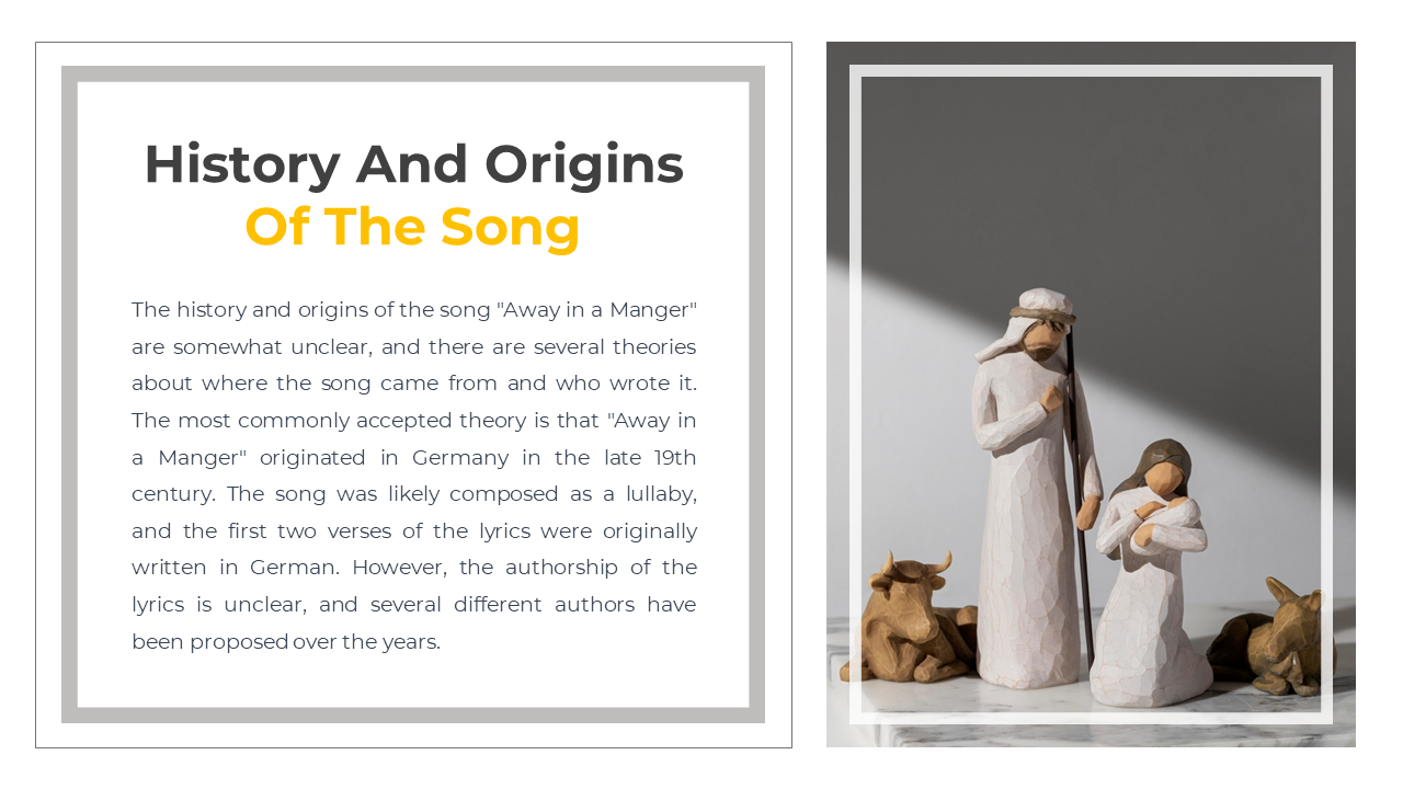 Split slide layout featuring song origin details and carved nativity statue of Mary, Joseph, and animals on the right.