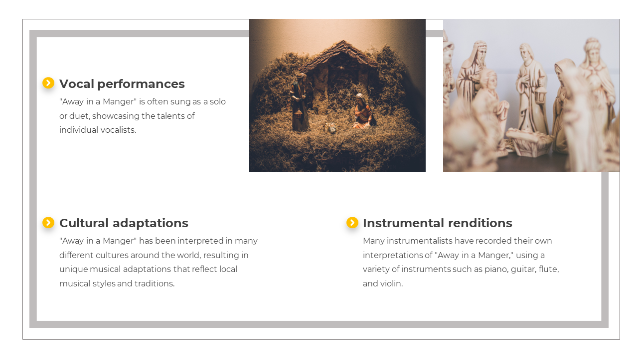 Christmas slide with nativity photos and text boxes highlighting vocal, cultural, and instrumental styles of the carol.