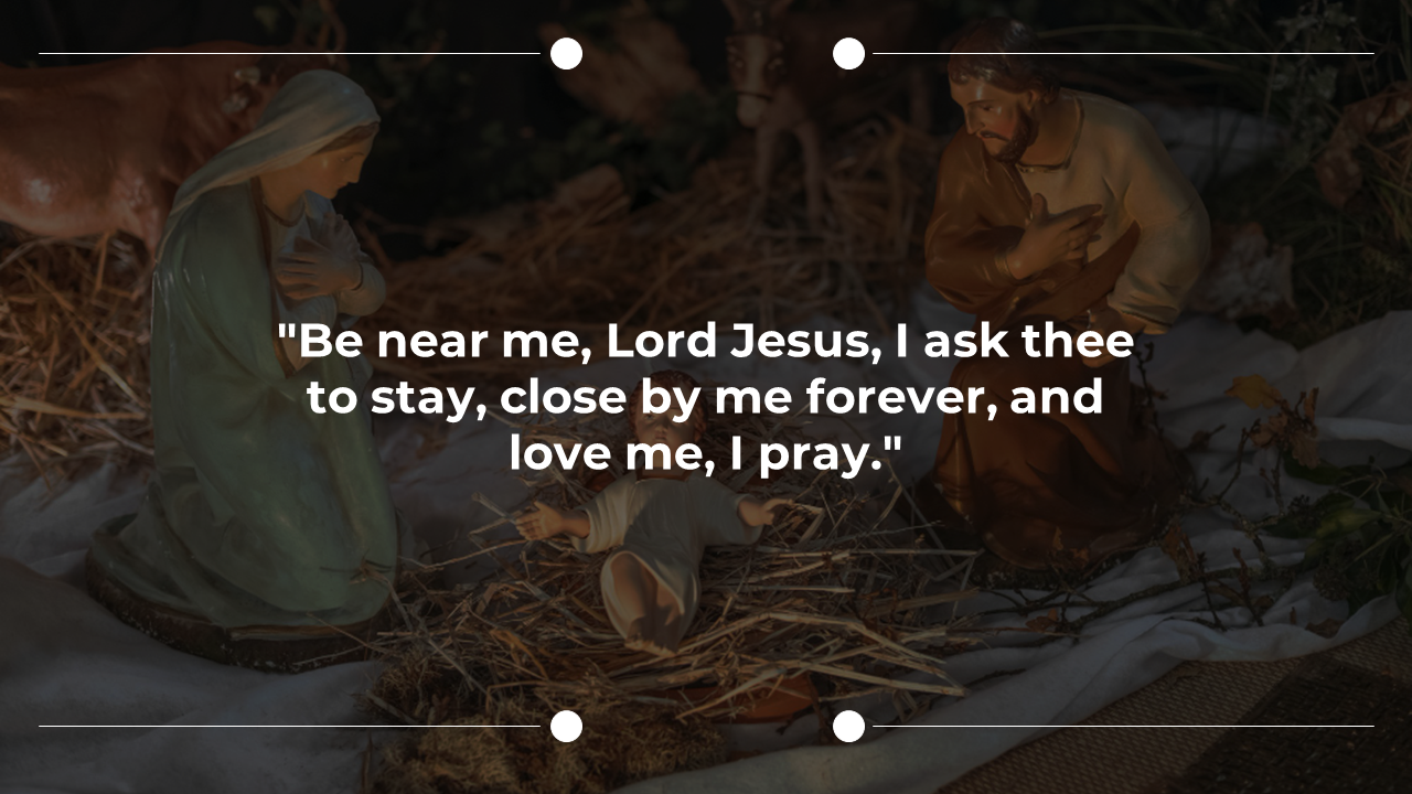 Christmas nativity slide with figures of Mary, Joseph, and infant Jesus on straw, featuring a hymn quote at the center.
