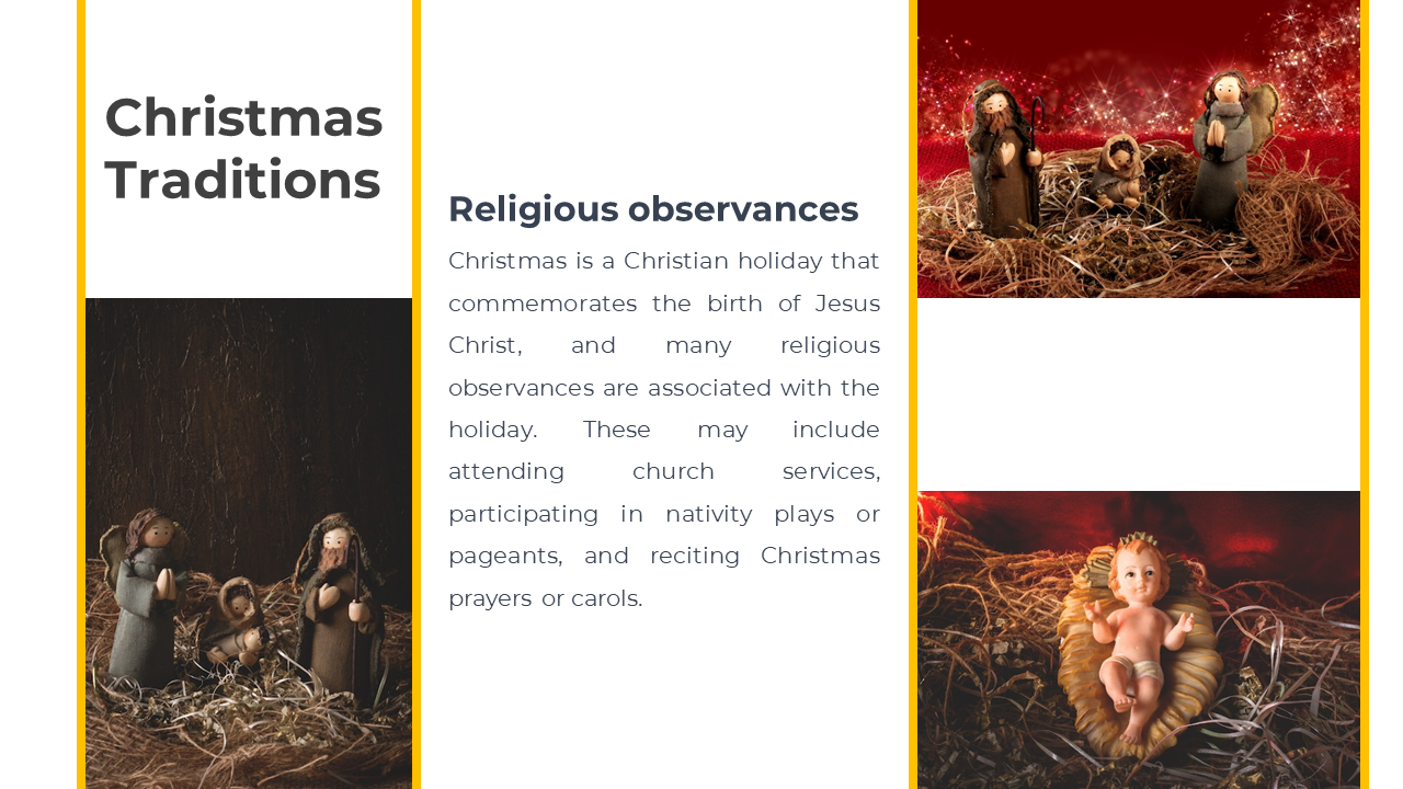 Christmas slide showing text about church traditions with baby Jesus and nativity figurine photos on both sides.