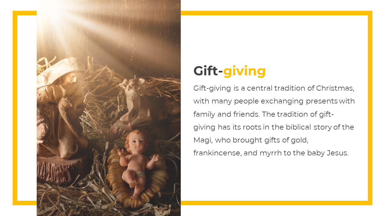 Christmas slide featuring baby Jesus figurine and mother with text on the origin of gift giving in biblical tradition.