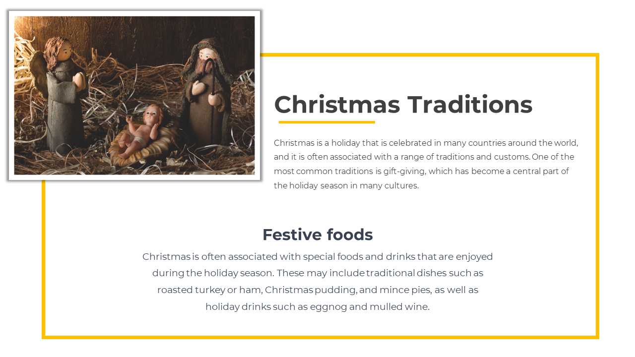 Christmas slide with baby Jesus nativity scene and text describing traditions like gift giving, pudding, and mulled wine.