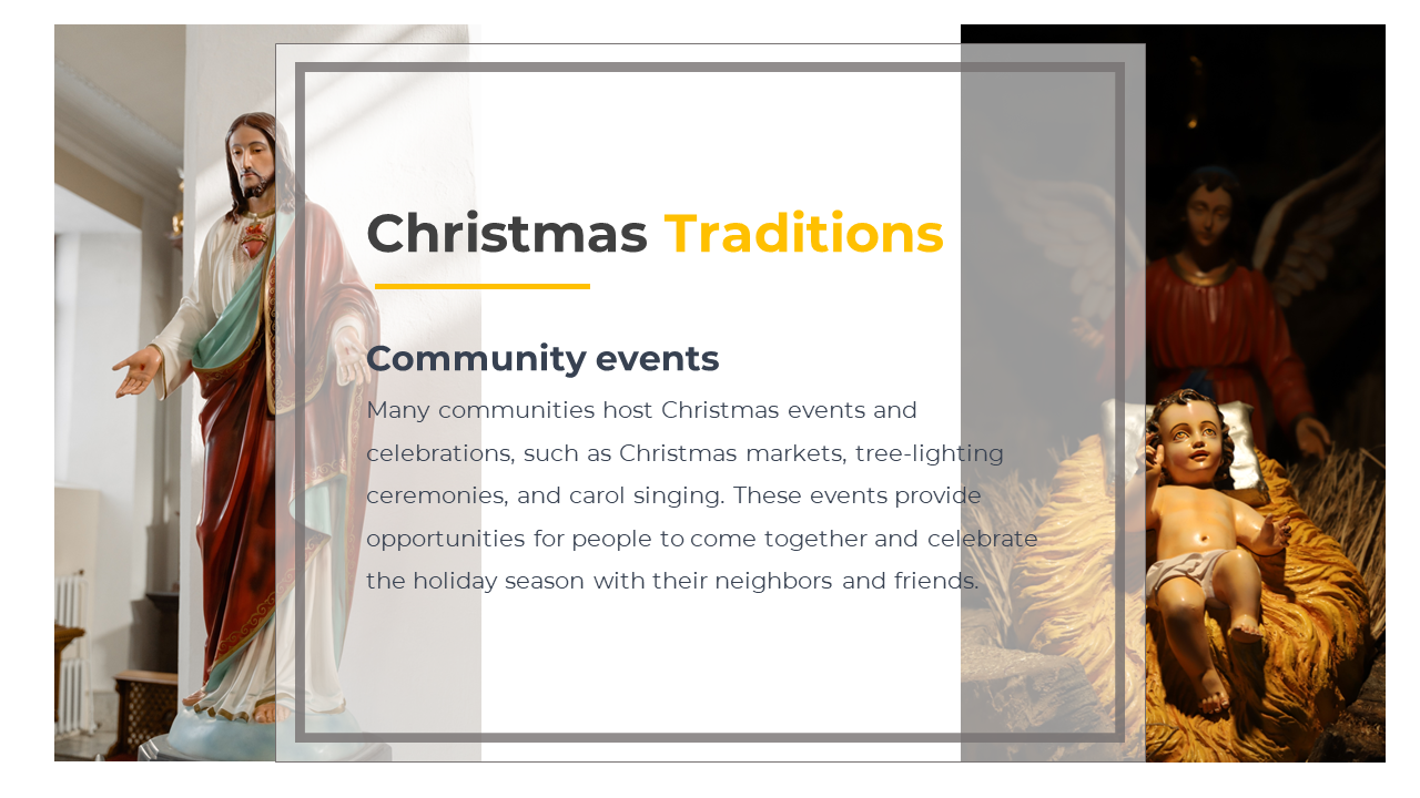 Christmas traditions slide with text on community events and a background showing statues of Jesus and nativity figures.