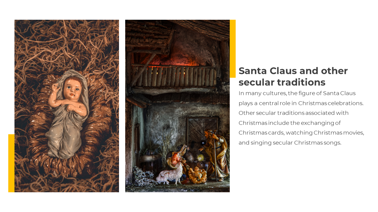 Christmas slide showing baby Jesus and nativity scene, with text on Santa and non religious holiday customs.