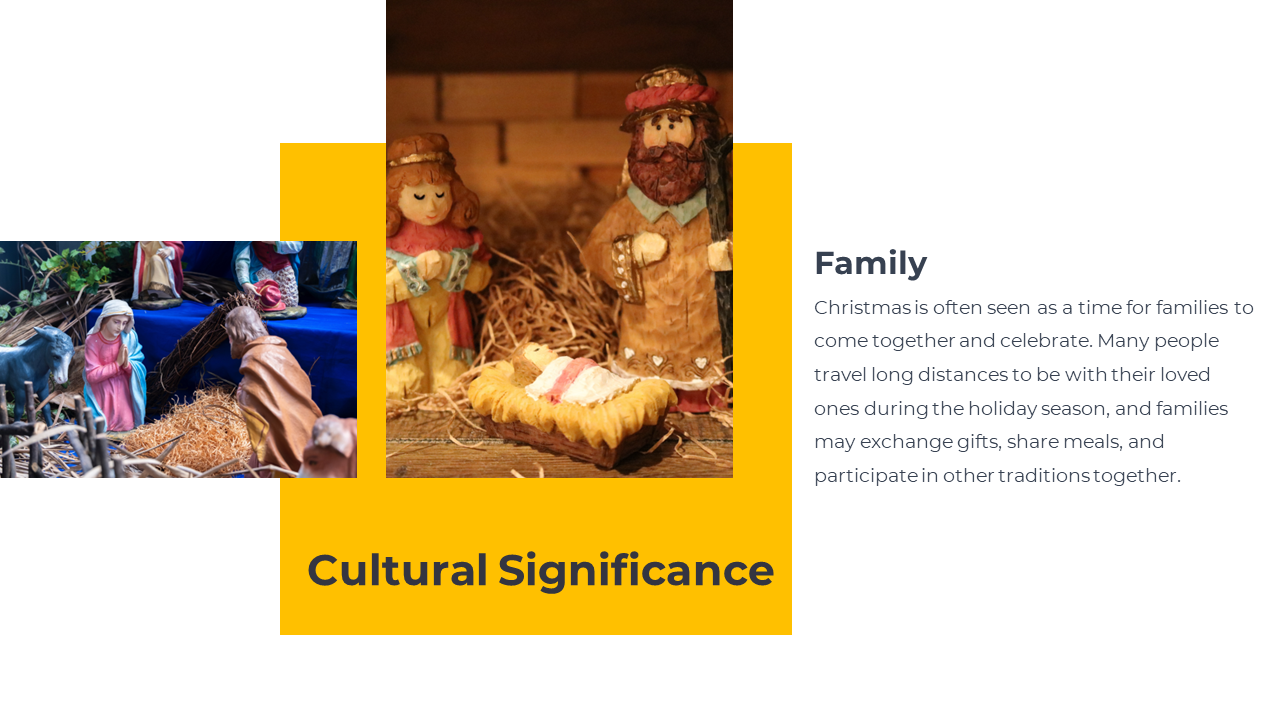 Slide on cultural significance of Christmas with nativity photos and text about family gatherings, meals, and traditions.