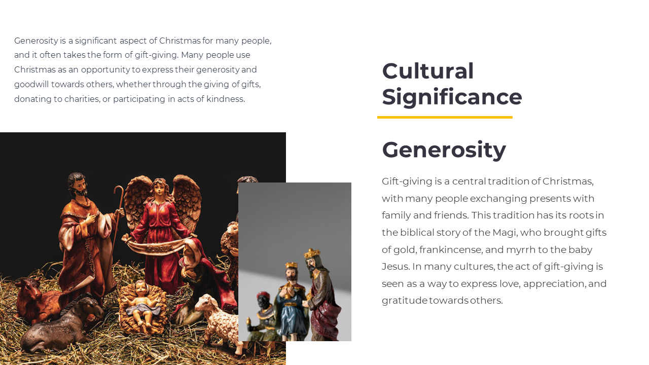 Cultural significance slide featuring figures of the nativity and Magi alongside text on Christmas generosity and giving.