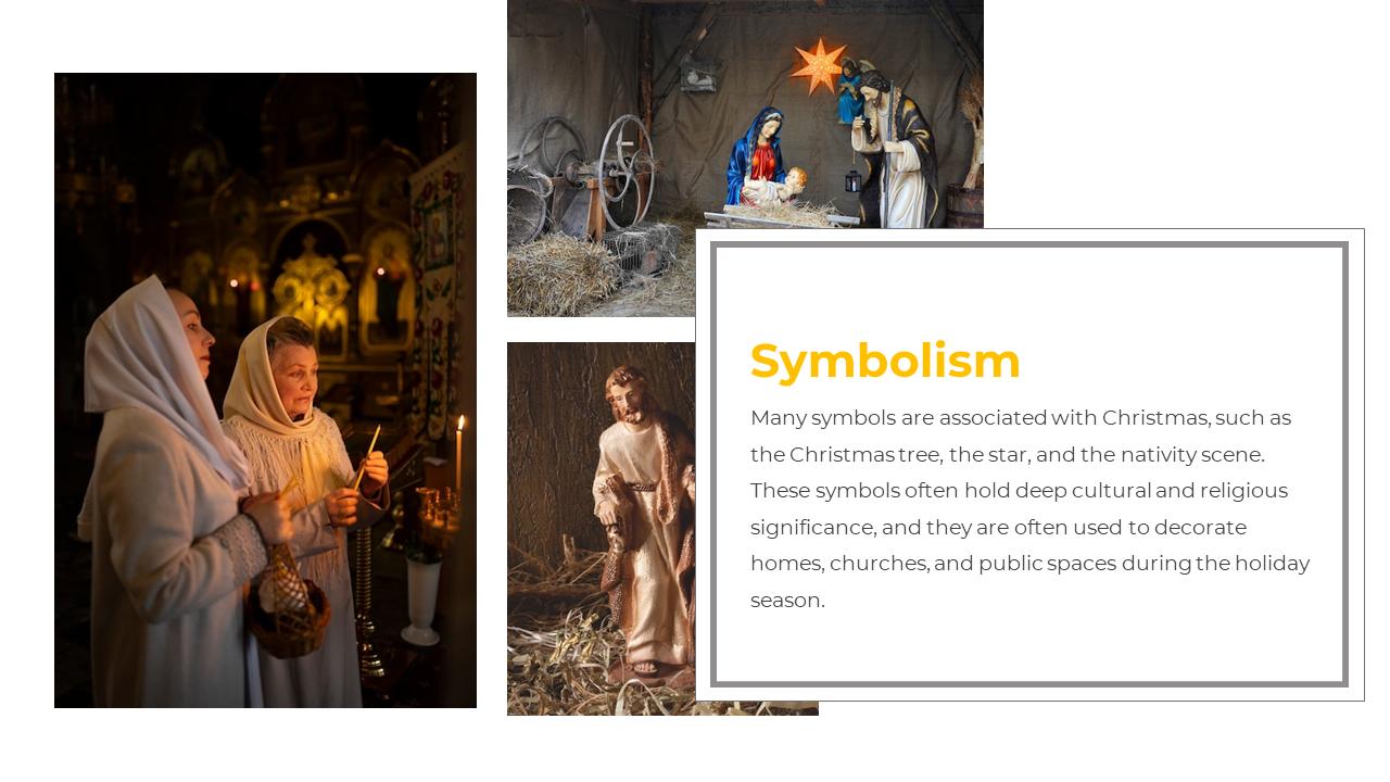 Christmas symbolism slide with text on traditions and images of nativity, a star, and women lighting candles in church.