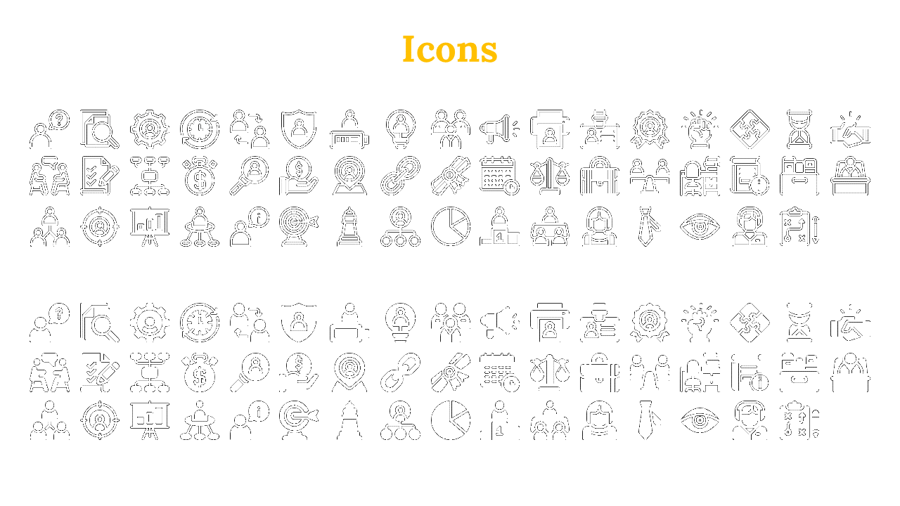 Grid of business related icons in outline and solid styles, including gears, magnifying glasses, graphs, and user symbols.
