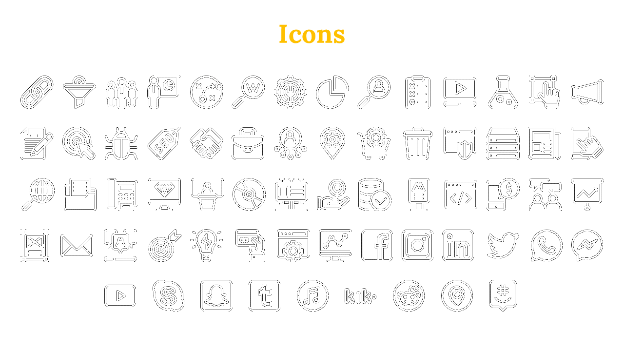 Slide showing outlined icons such as gears, graphs, speech bubbles, and social platforms like Facebook and LinkedIn.