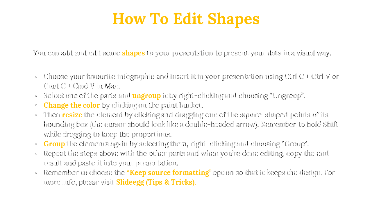 Guide slide with seven bullet points under how to edit shapes, emphasizing steps with orange and bold formatting.