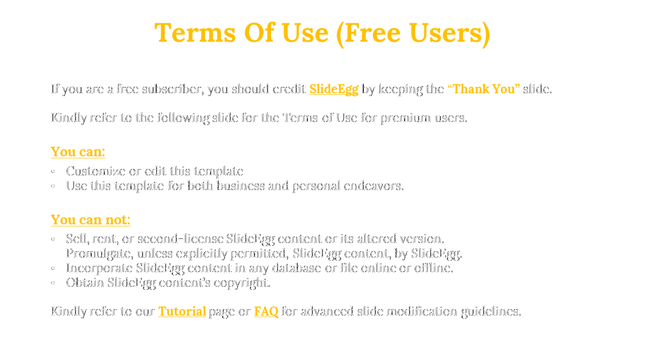 Informational slide outlining usage rules for free SlideEgg users with bold orange highlights and bullet points.