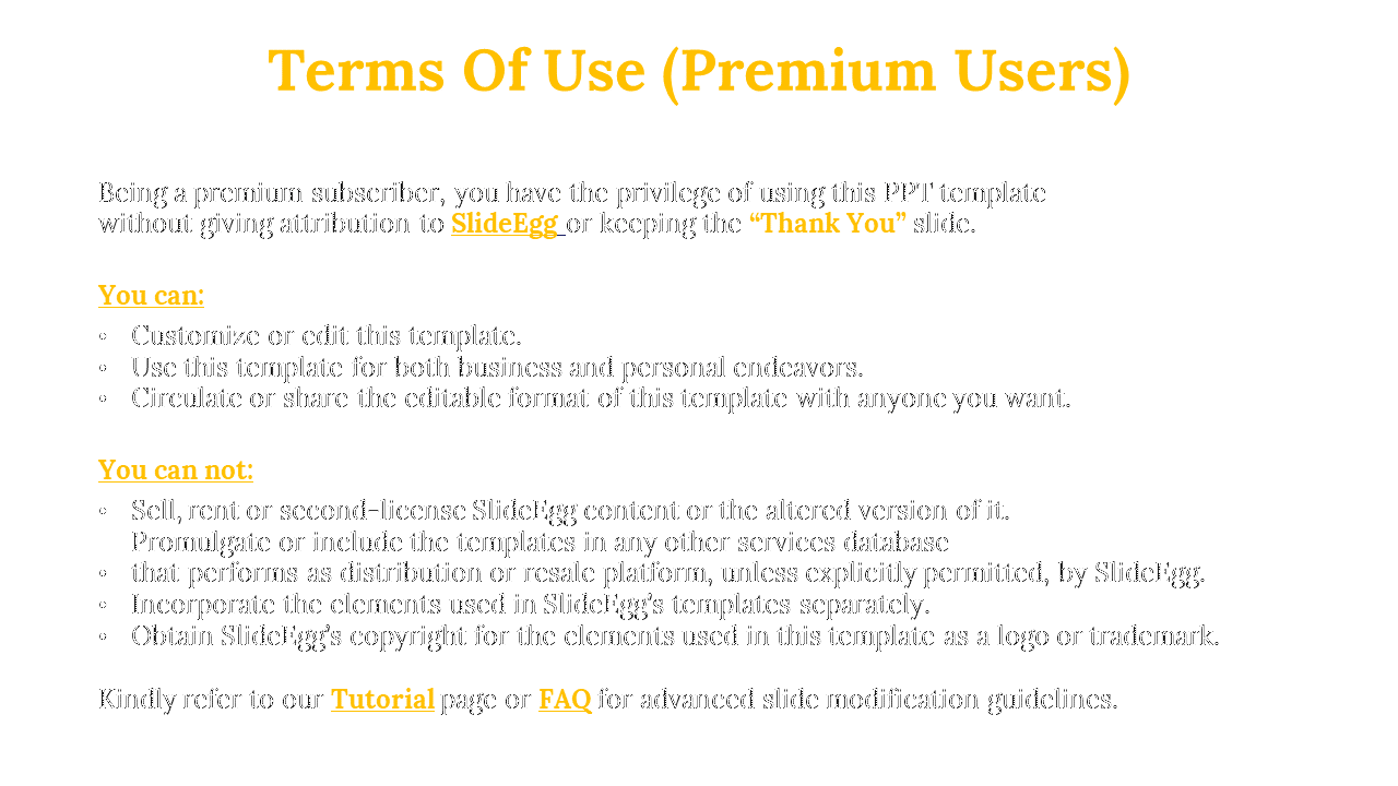 Premium usage guidelines slide with three permission bullets and four restriction bullets, highlighted in orange text.