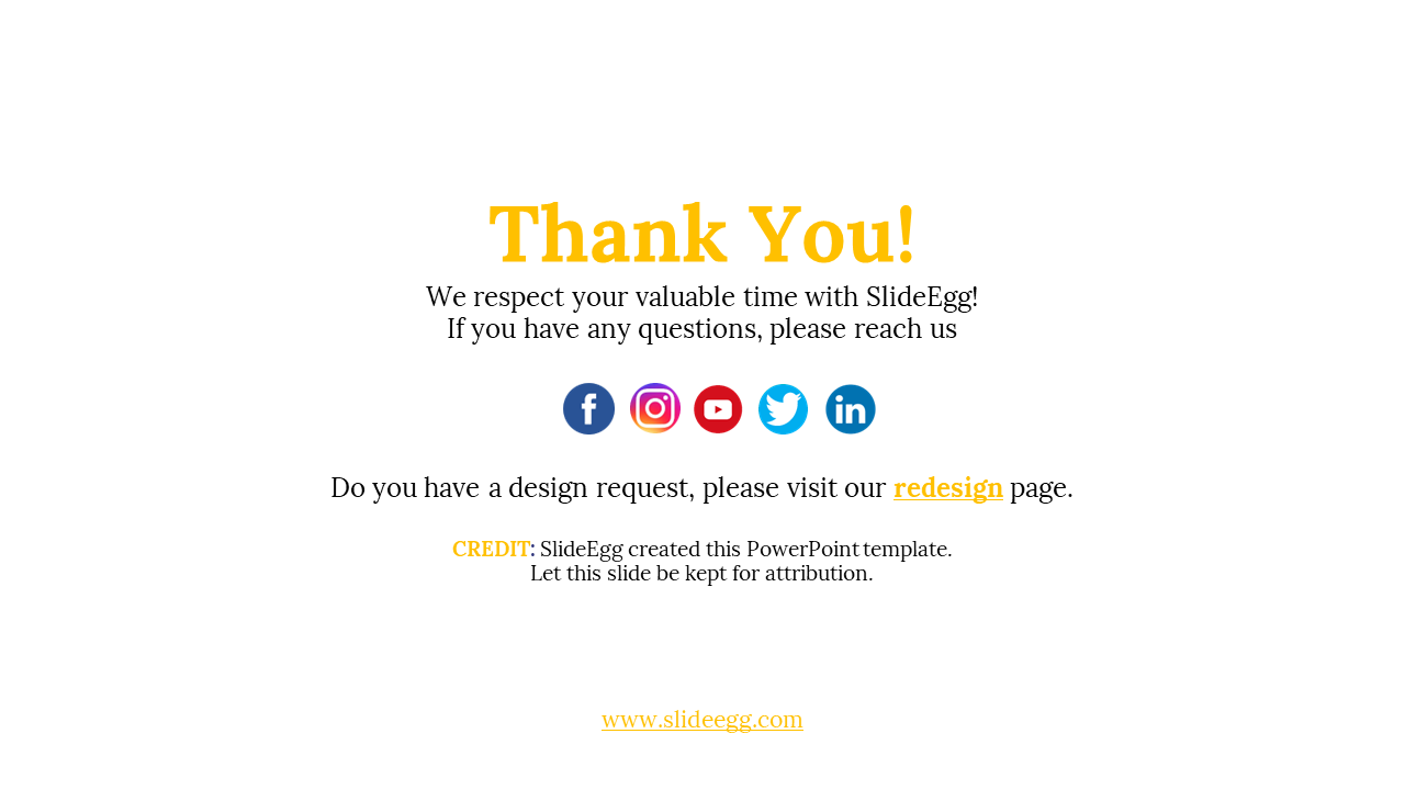 Thank you slide with large orange text, social media icons, and SlideEgg attribution at the bottom.