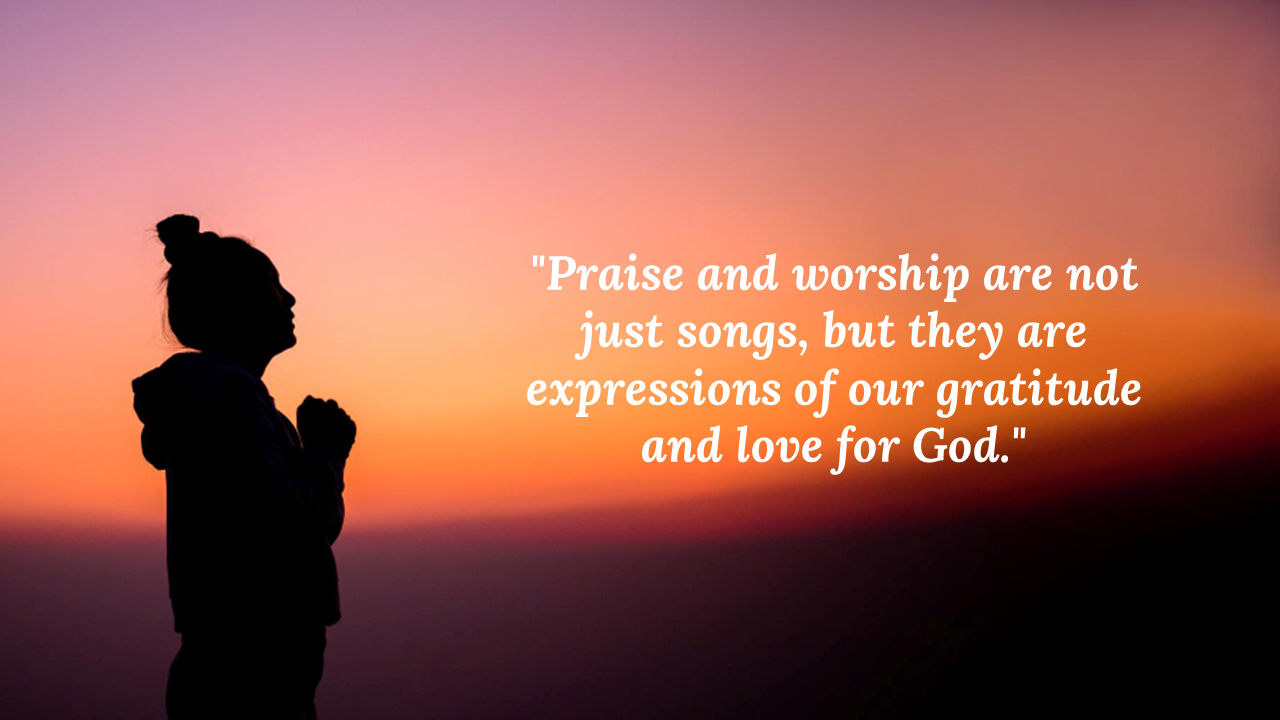 Woman in prayer silhouette at sunset with purple-orange sky and a worship quote in white text on the right.