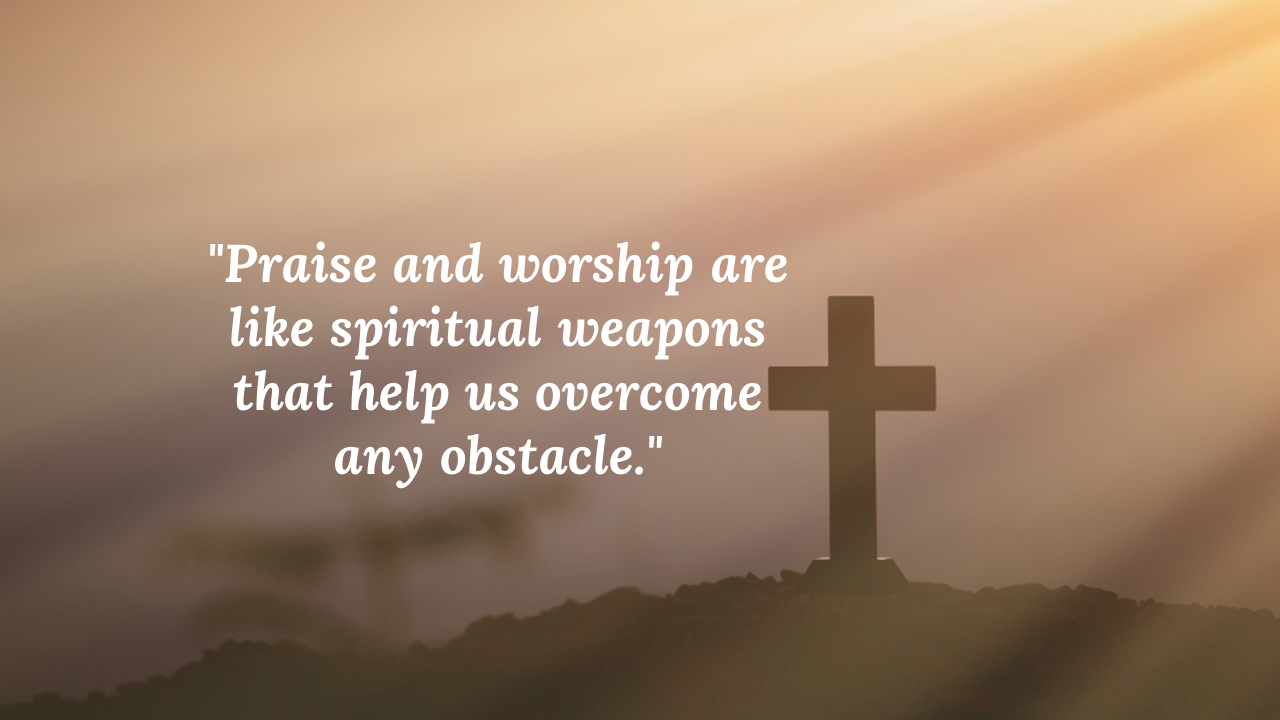 Dark cross silhouette under soft sunlight beams with a centered worship quote in white on a misty golden background.