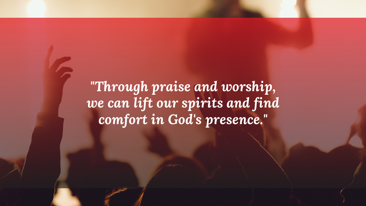 Audience with arms raised in praise, warm lights in background, and inspirational quote centered on red overlay.