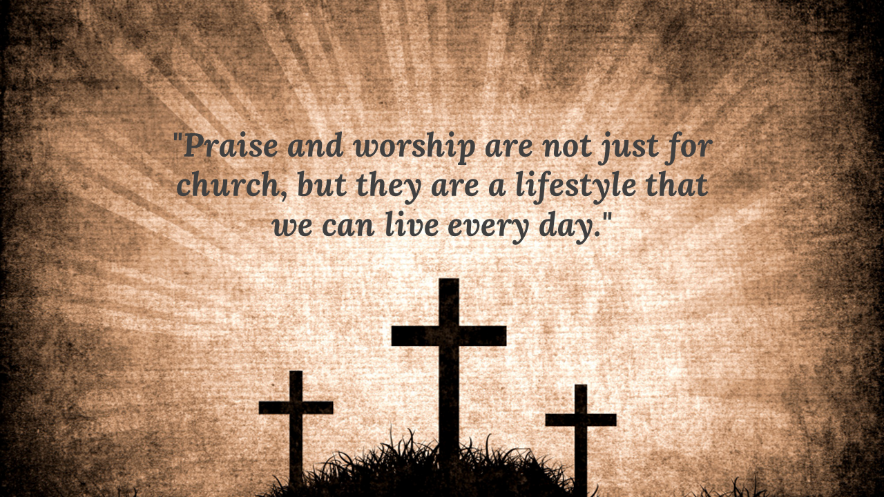 Cross trio on faded brown backdrop with sunburst effect and centered white quote about worship as a daily lifestyle.