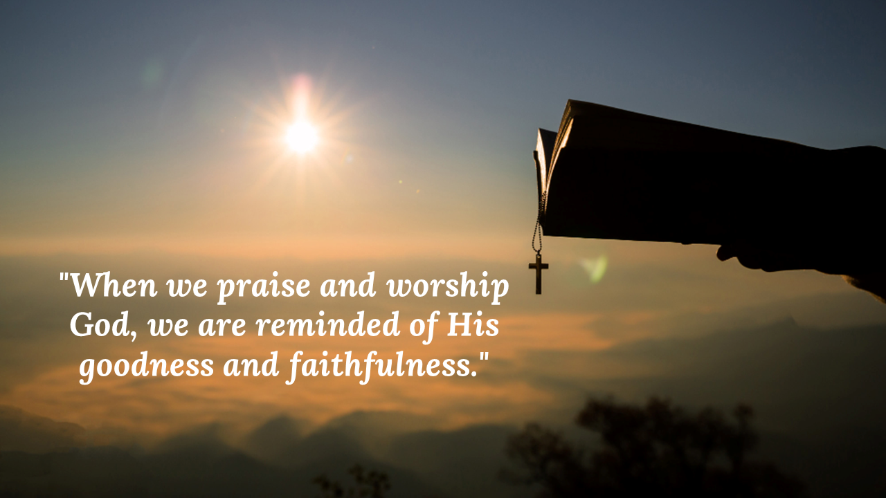 Uplifted Bible with cross keychain in front of bright sun and hazy hills, paired with a white faithfulness quote.