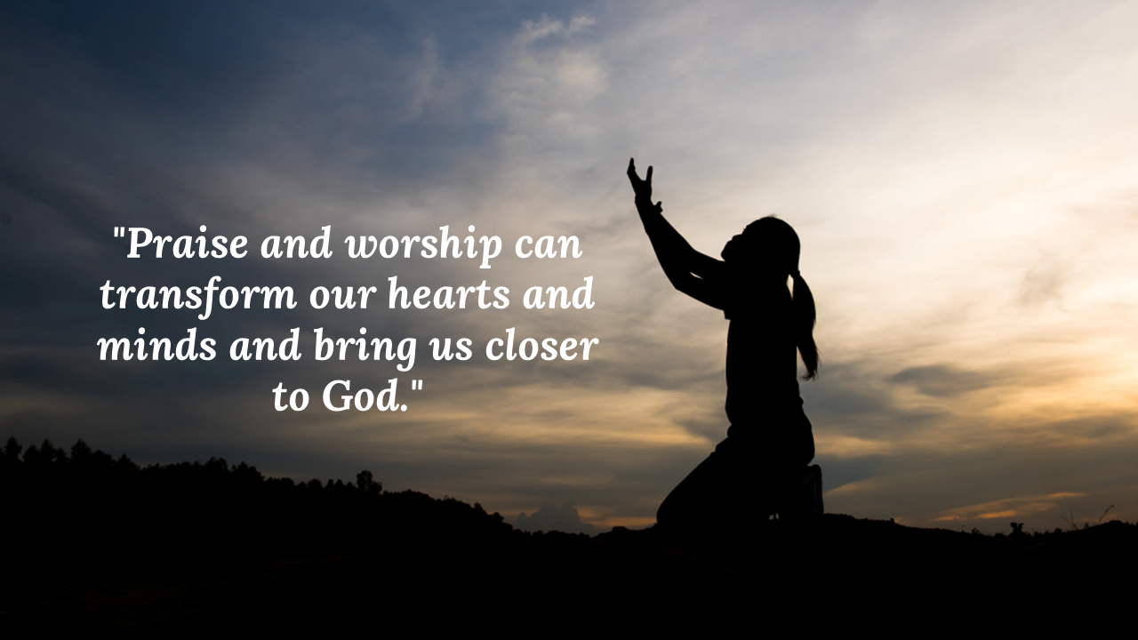 Woman worshiping on her knees against a cloudy sunset sky, with quote about spiritual transformation on the left.