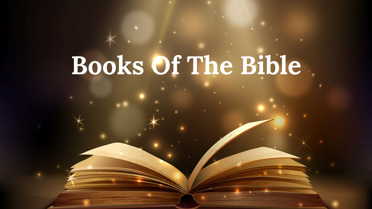 Animated book opening with golden lighting effects and books of the Bible text in white at the top center.