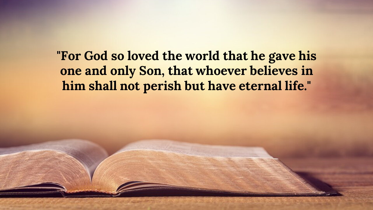 Bible lying open under warm light with inspirational scripture about eternal life centered above in bold black text.
