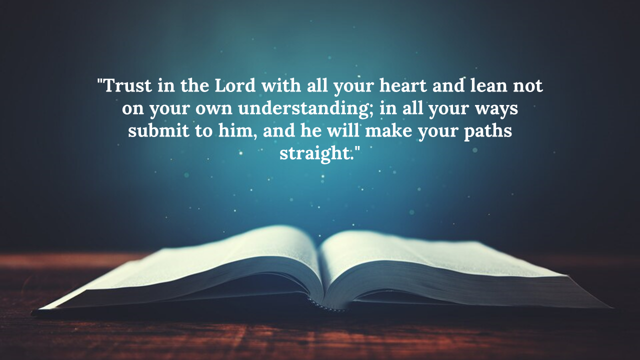 Open Bible on a dark wooden surface with a glowing blue background and centered verse about trusting the Lord.