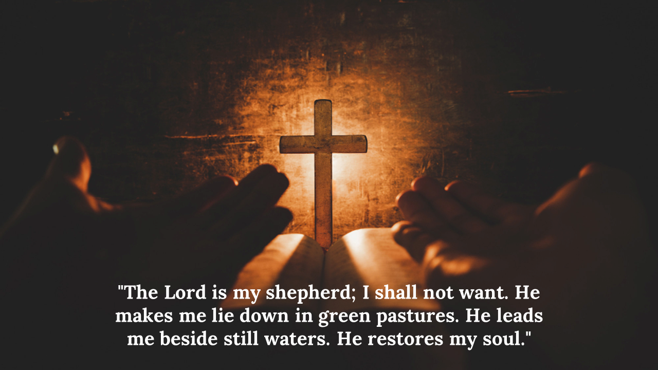 Hands lifted in prayer before a lit cross, with an open Bible and comforting scripture text in white at the bottom.