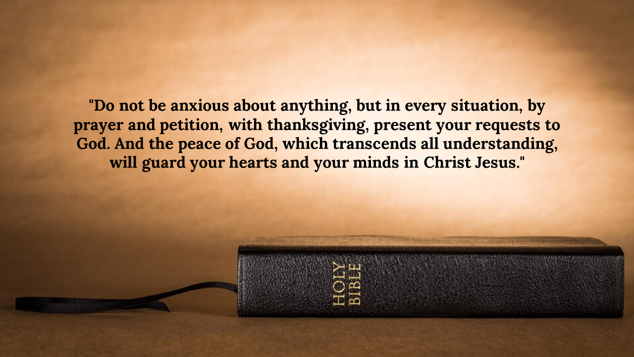 Holy Bible with ribbon on a soft brown surface, featuring centered scripture encouraging peace through prayer and faith.