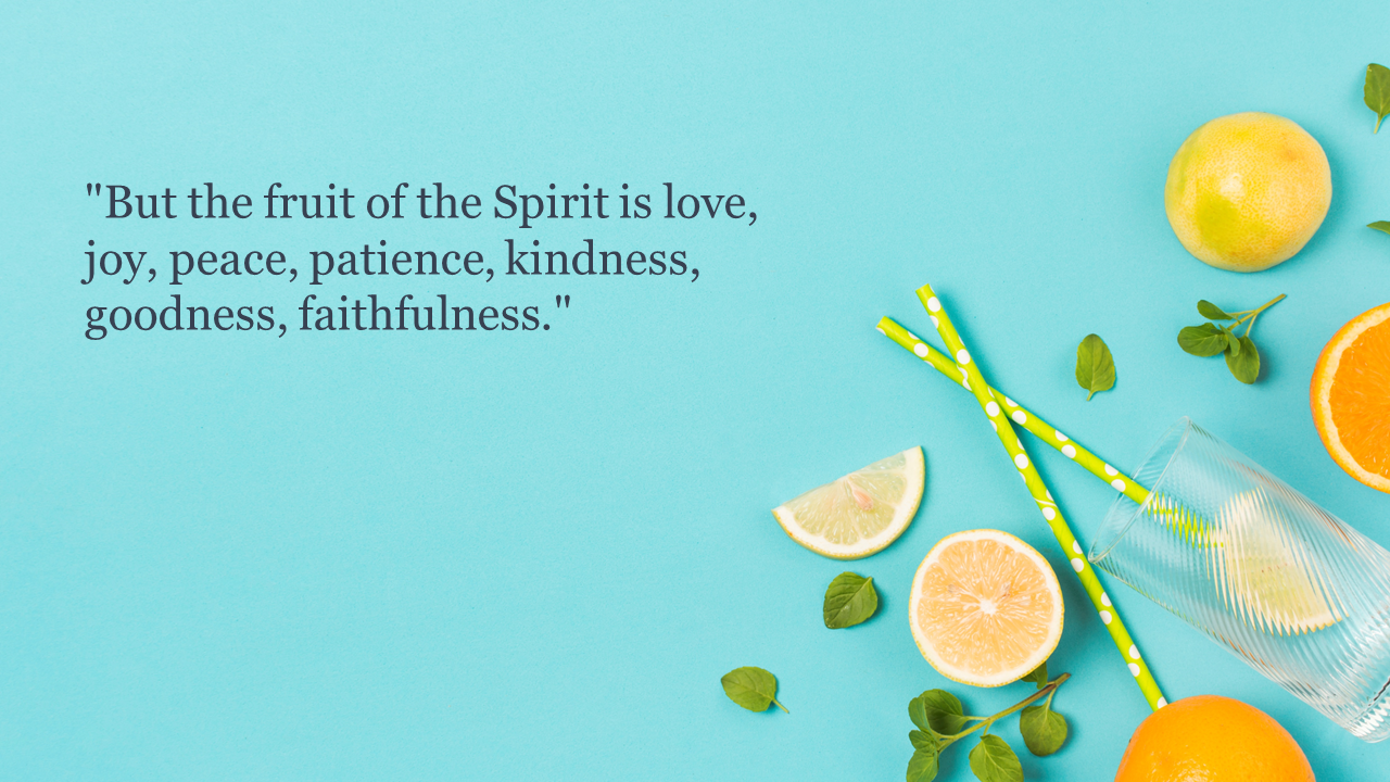 Bible quote on left with fruit, mint, and straws arranged near a glass on vibrant blue background on the right.