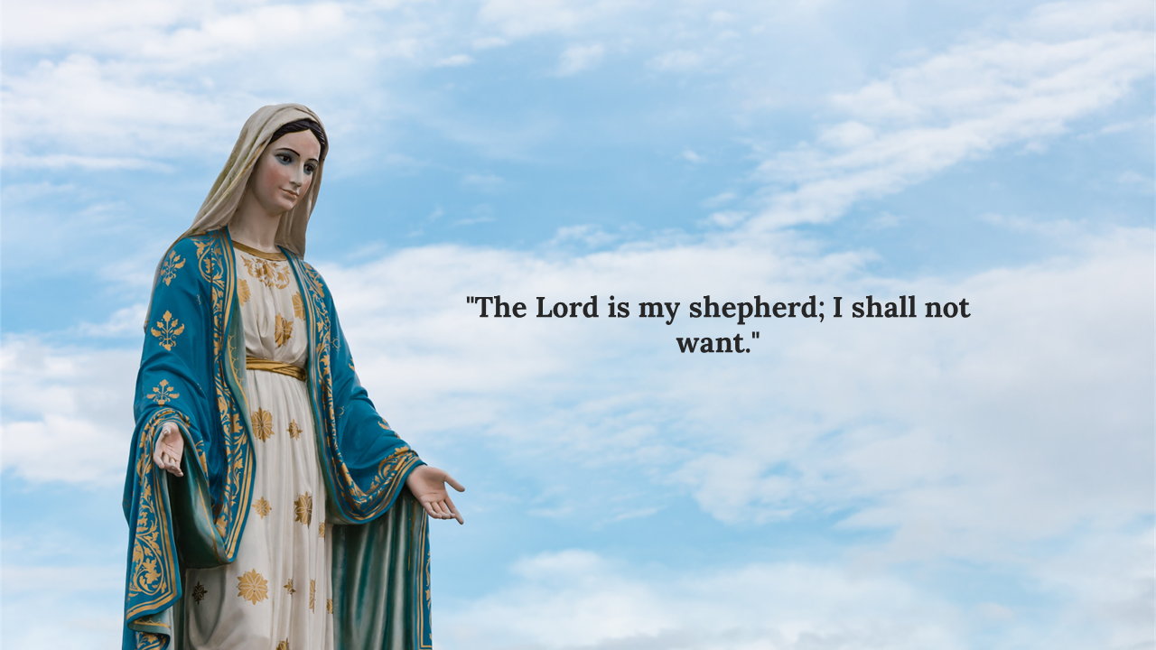 Statue of Virgin Mary in blue and gold robes with open arms, set against a blue sky and quote in black text on right.