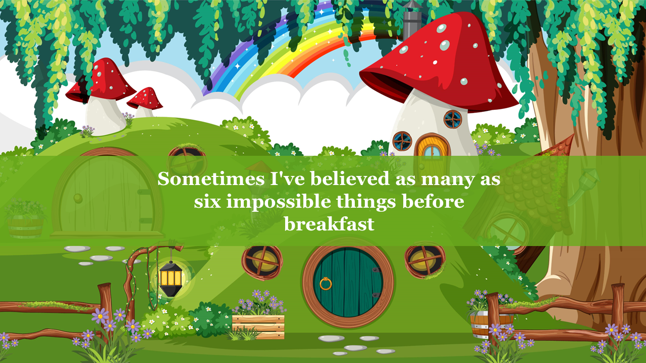 Enchanted woodland with fantasy homes, hanging lanterns, and a magical quote displayed in white over a green box.