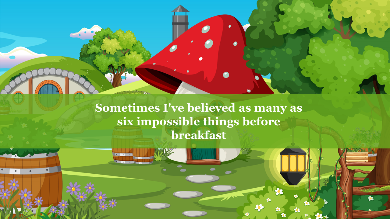 Fantasy garden scene with red mushroom roof, lantern, barrels, and a white quote overlaid on a translucent green bar.