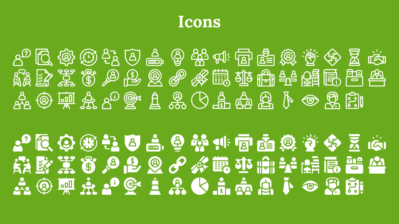 Grid of outlined and filled business icons including briefcases, charts, and people, displayed over a green background.