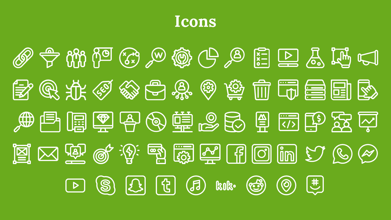 Collection of line style icons featuring digital tools, analytics, and social platforms like Facebook, Twitter, and LinkedIn.