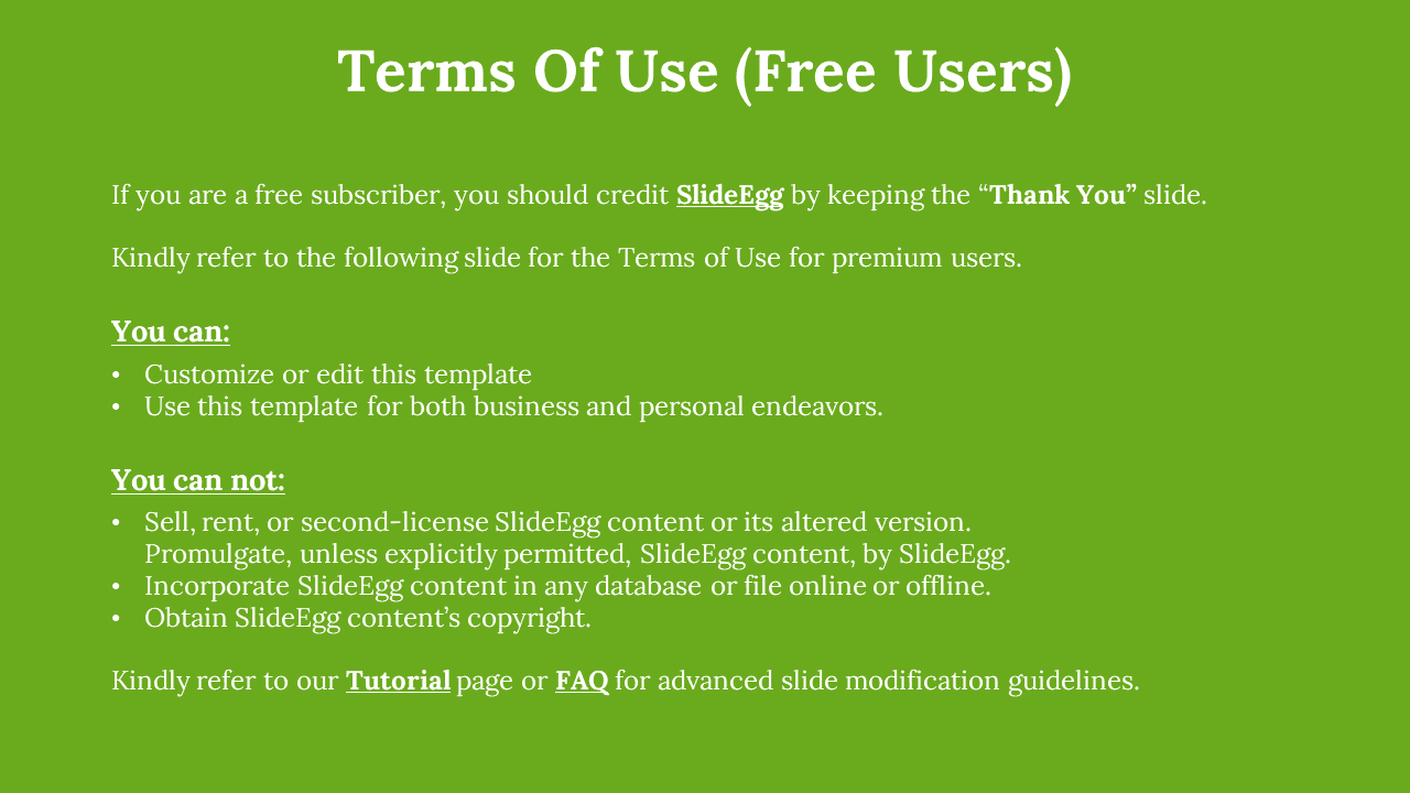 Terms of use slide for free users with green background, usage permissions, restrictions, and credit note to SlideEgg.