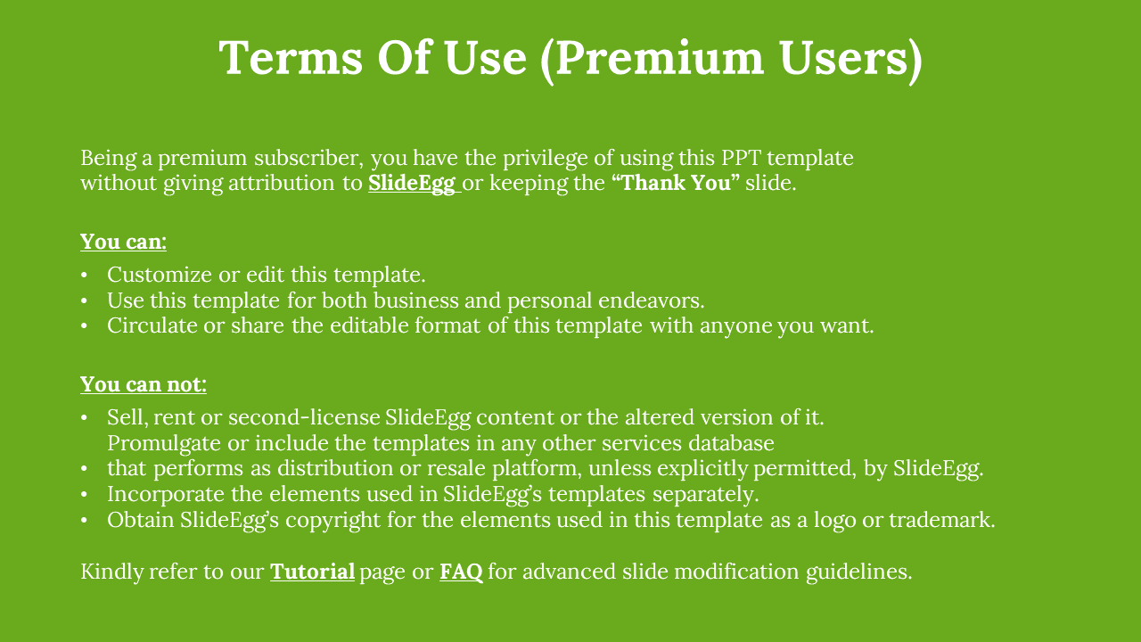 Premium usage guide slide detailing permissions and copyright rules, with links to SlideEgg’s tutorial and FAQ.
