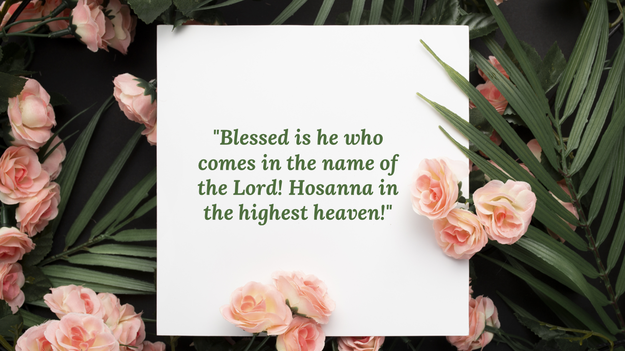 Religious quote framed by lush palm fronds and soft pink roses, centered on a white card over a black surface.