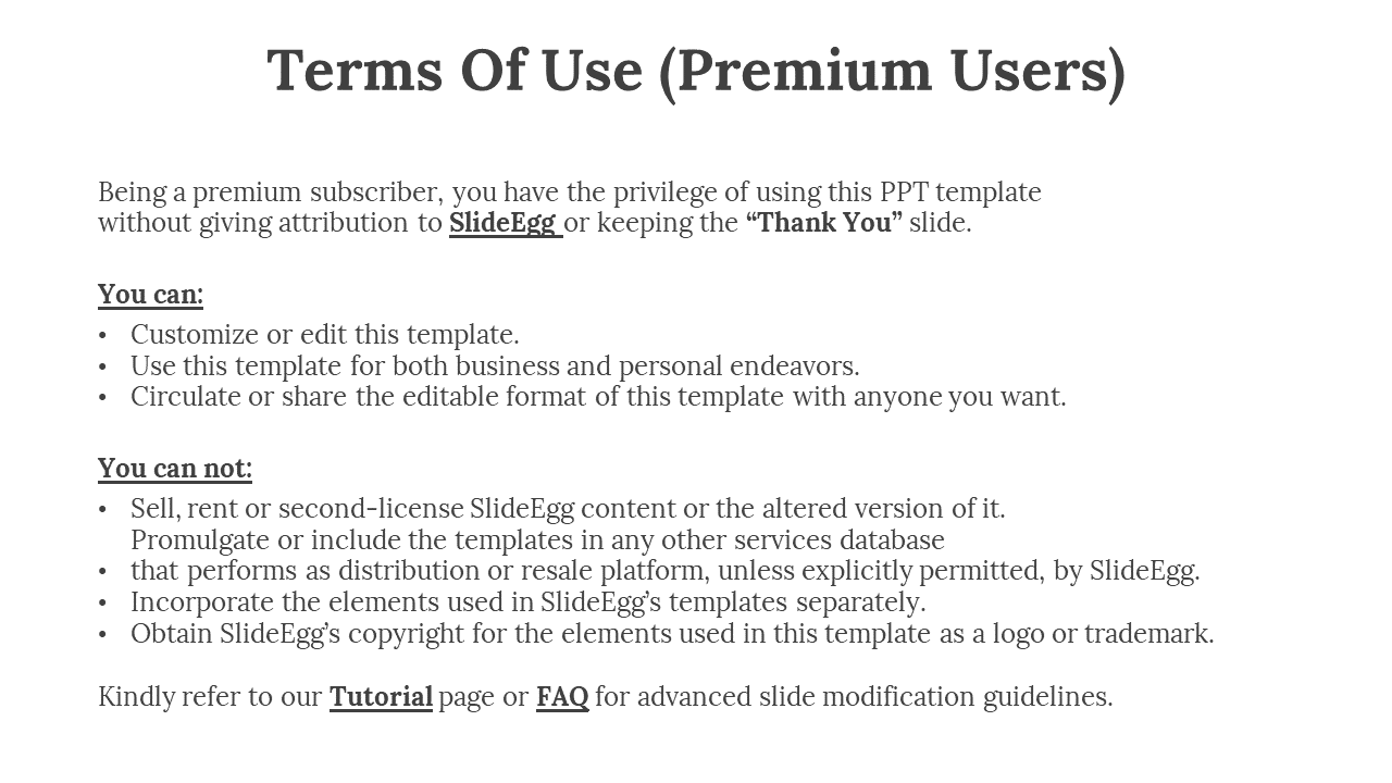 Slide with dark gray heading and paragraph text, featuring permissions and restrictions listed in two bulleted sections.