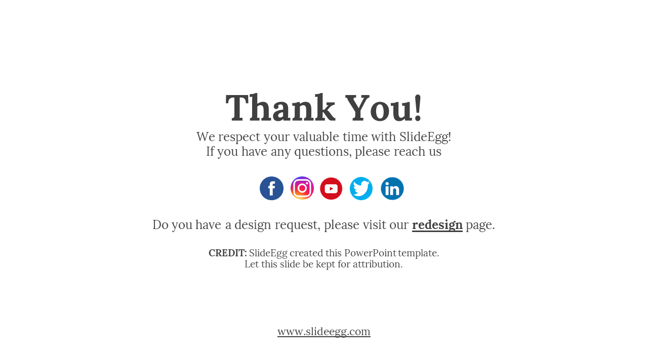 Thank you slide with bold heading, social media icons, and attribution note at bottom, on a clean white background.