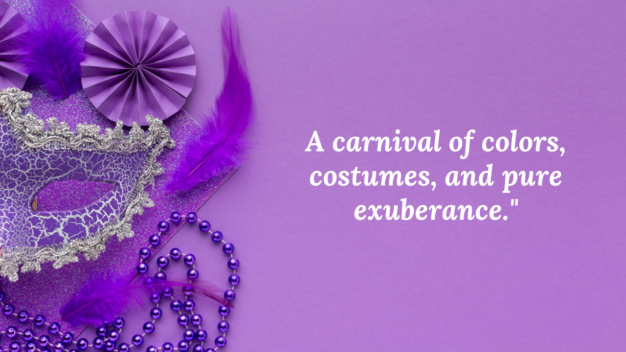 Purple Mardi Gras mask with silver trim, beads, feathers, and folded paper fans arranged on a violet background.