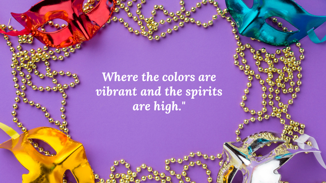 Mardi Gras masks in red, blue, gold, and silver placed around golden beads on a purple background.