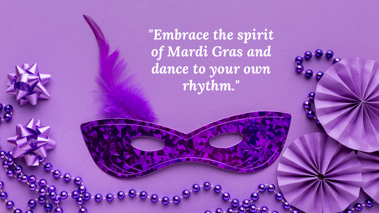 Mardi Gras setup with purple feathered mask, shiny bows, beads, and circular folded paper accents on a lilac backdrop.