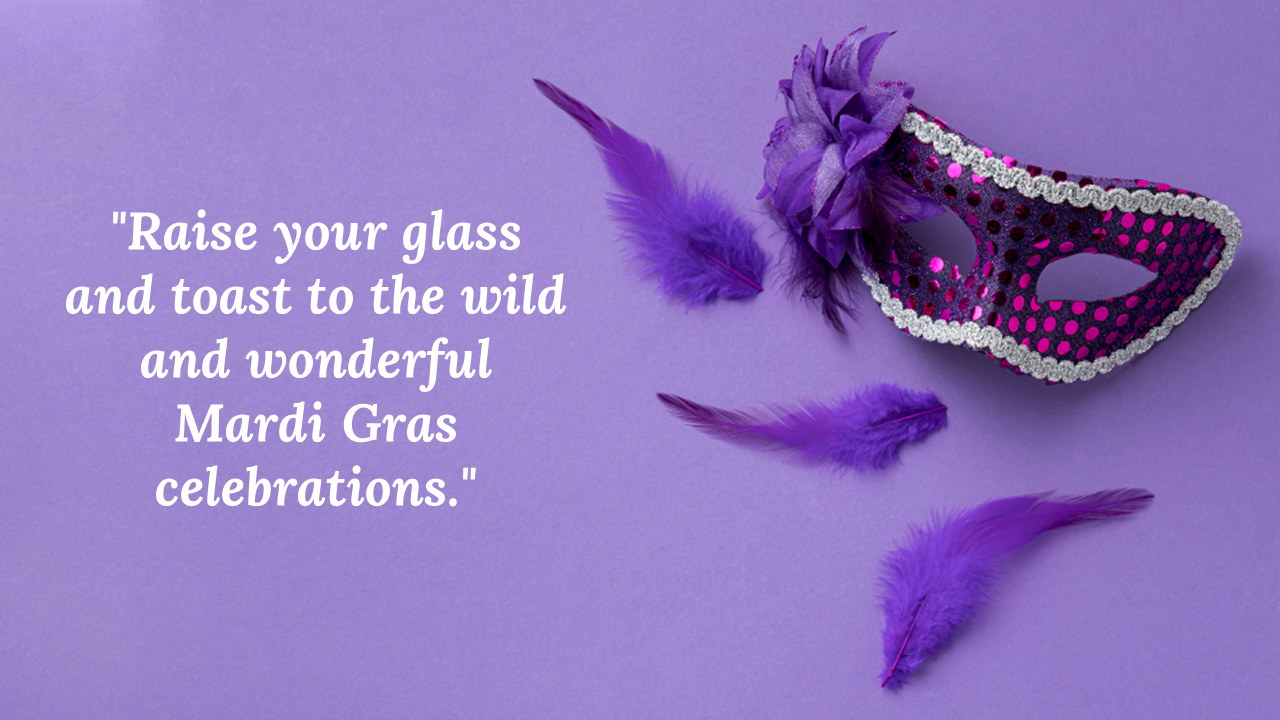 Polka dot purple mask with silver edging, floral accent, and feathers arranged on a soft violet backdrop.
